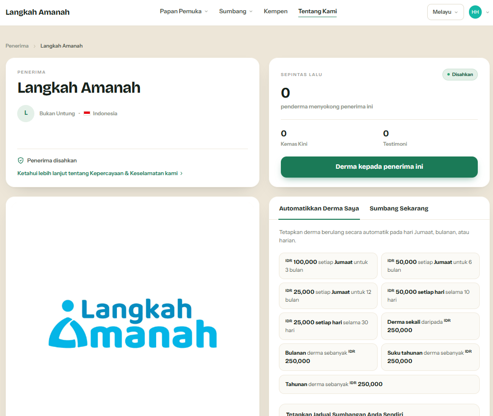 Halaman organisasi di GivingFridays yang dapat dipilih dan didukung oleh donatur