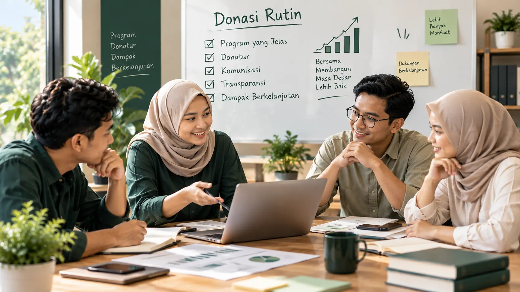 Tim fundraising merencanakan strategi donasi rutin untuk yayasan dan NGO