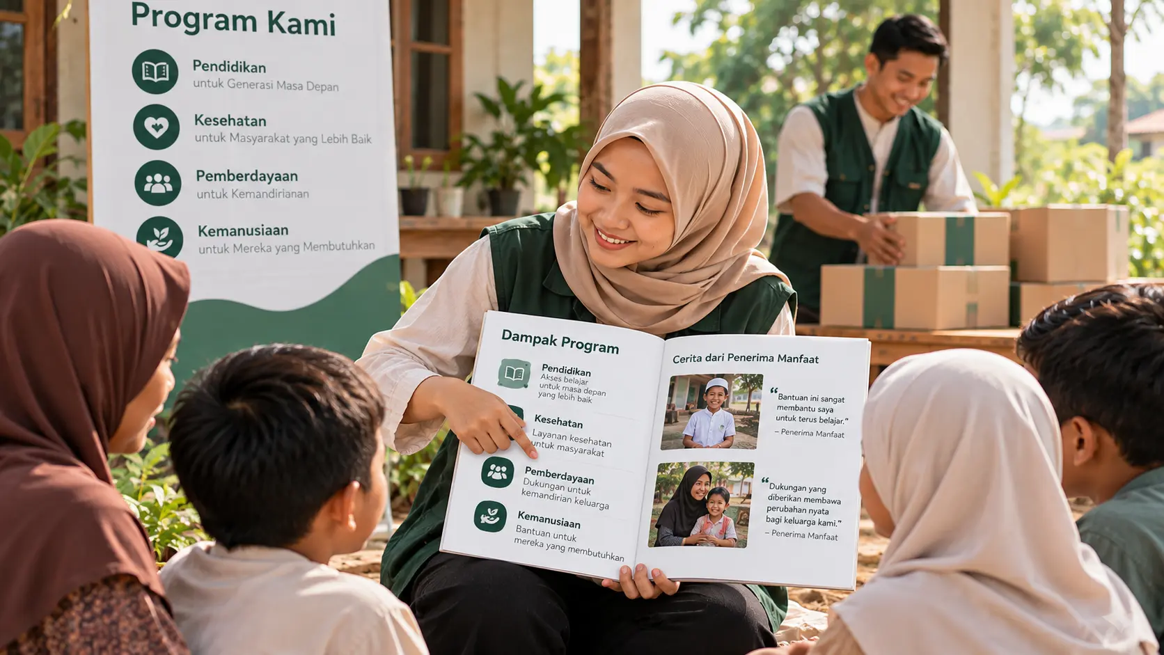 Relawan berhijab membagikan laporan dampak program sosial kepada masyarakat