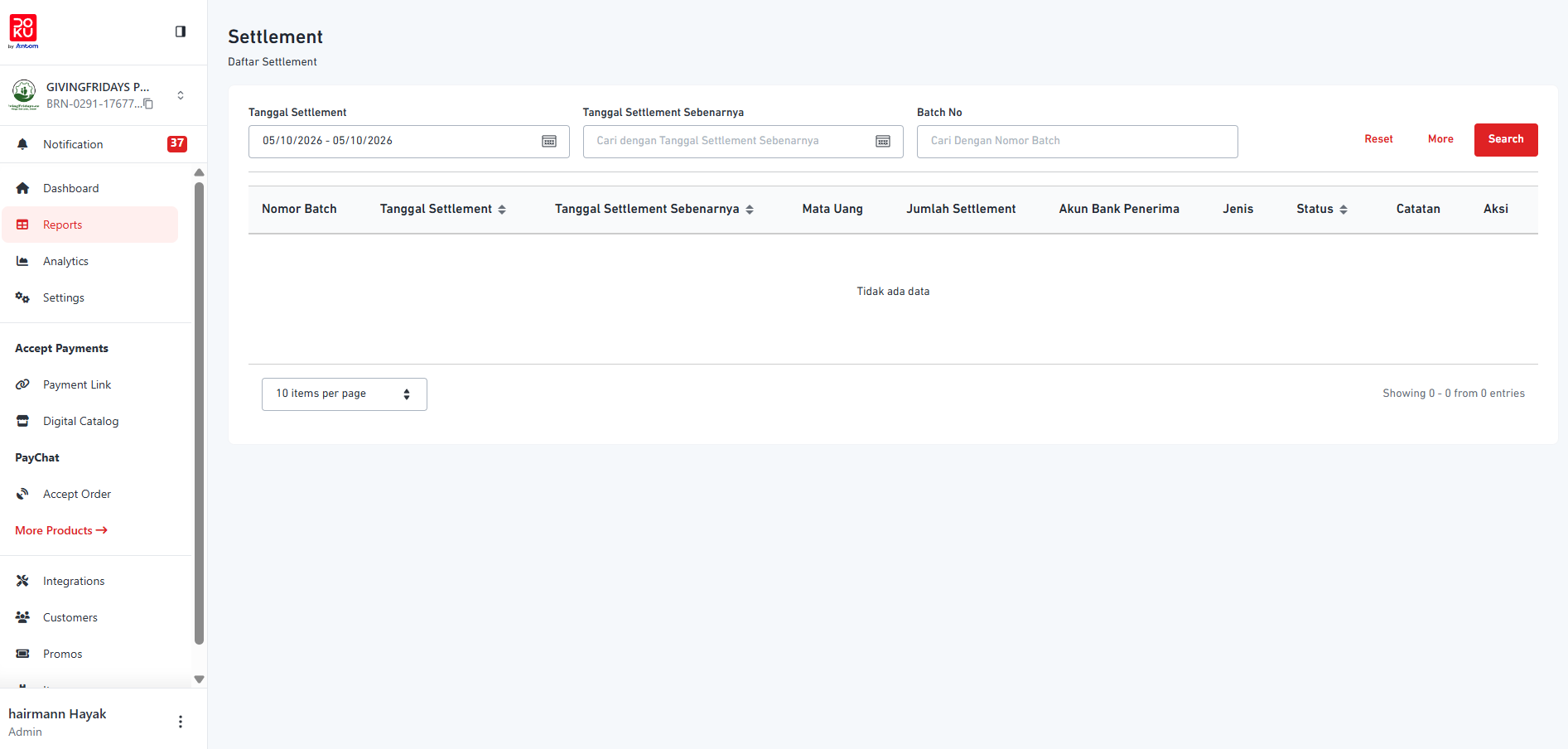 Tampilan settlement payment gateway DOKU untuk organisasi penerima