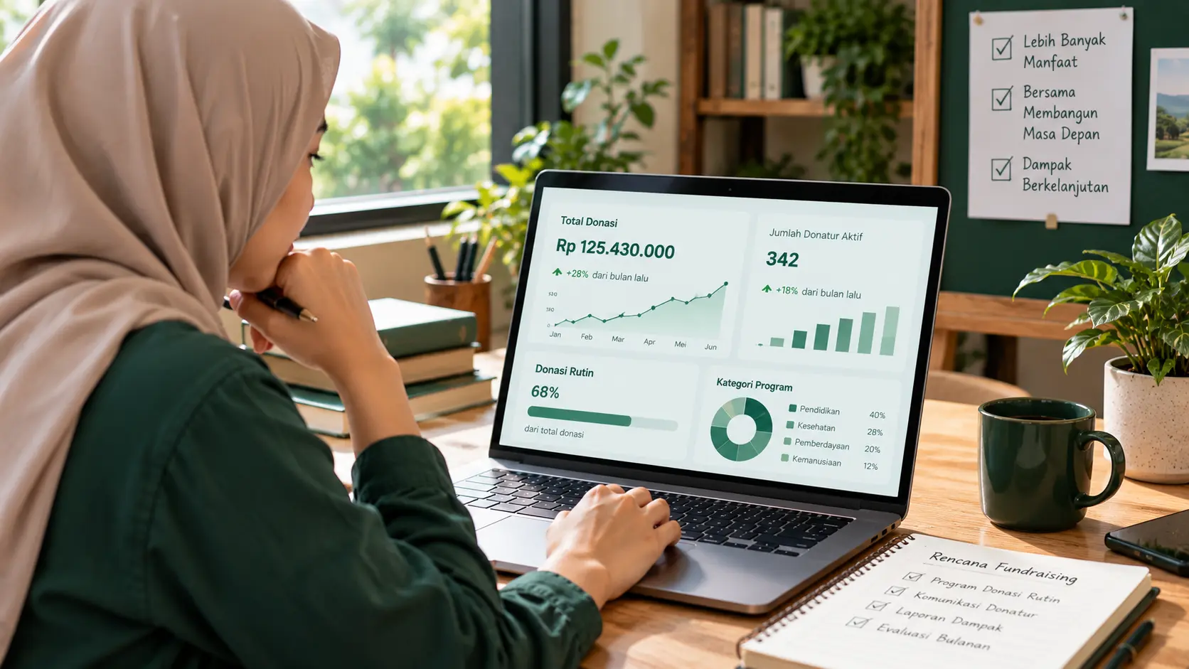 Pengelola fundraising berhijab menganalisis data donasi rutin dan performa penggalangan dana