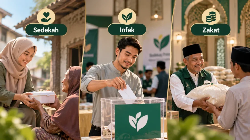 Ilustrasi seseorang berbagi kepada masyarakat yang membutuhkan sebagai bentuk sedekah dan infak